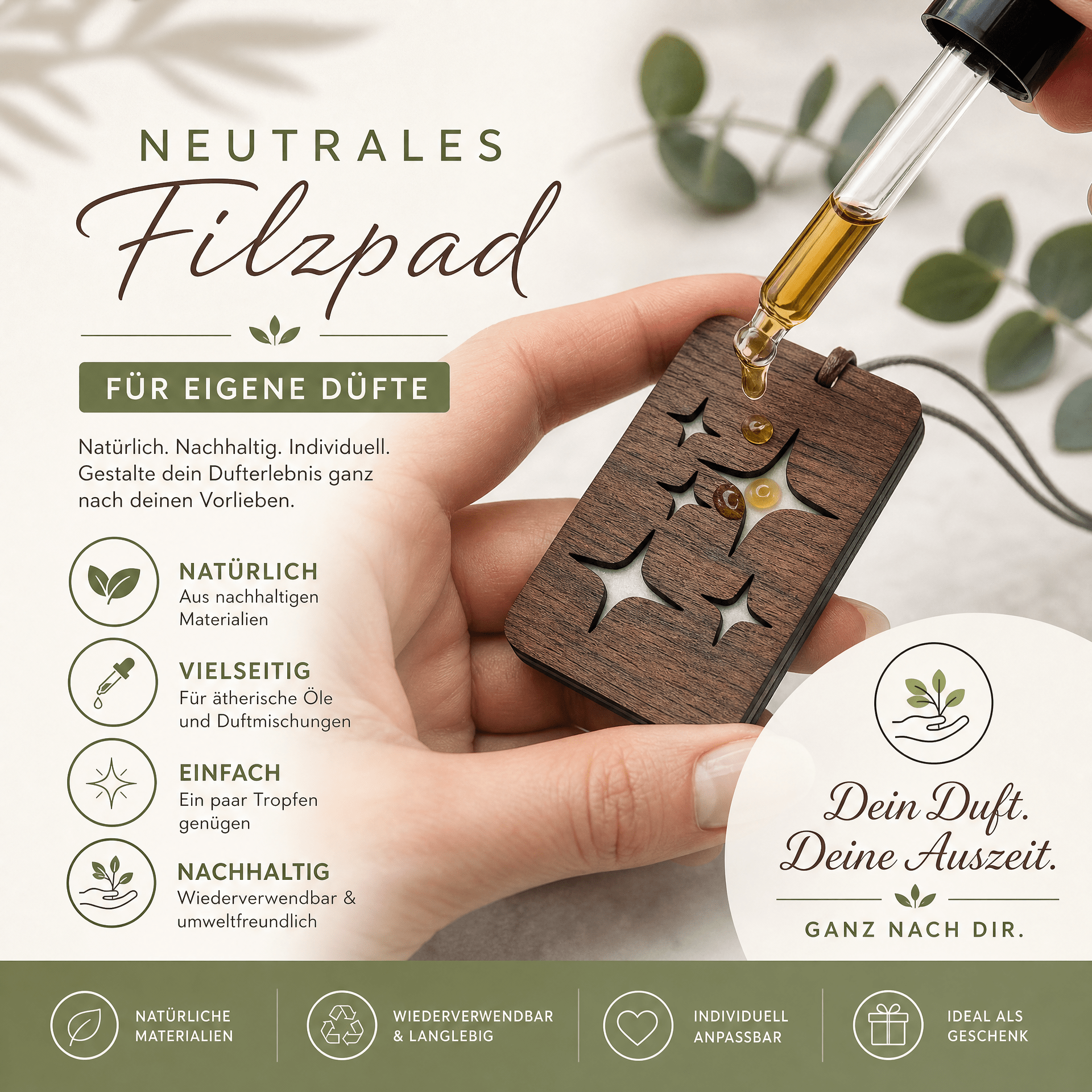 Holz Duftbaum für ätherische Öle "STERNE", Anhänger aus Nussbaumholz mit Filzpad für Duftöle - Wunderkraft naturals
