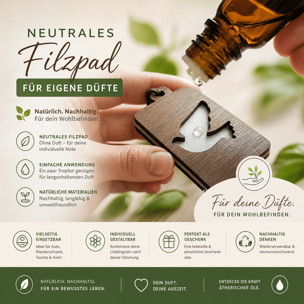 Holz Duftbaum für ätherische Öle "TAUBE", Anhänger aus Nussbaumholz mit Filzpad für ätherische Öle - Wunderkraft naturals