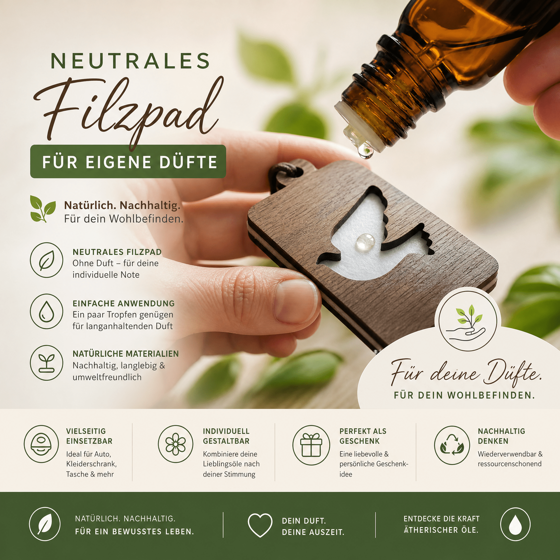 Holz Duftbaum für ätherische Öle "TAUBE", Anhänger aus Nussbaumholz mit Filzpad für ätherische Öle - Wunderkraft naturals