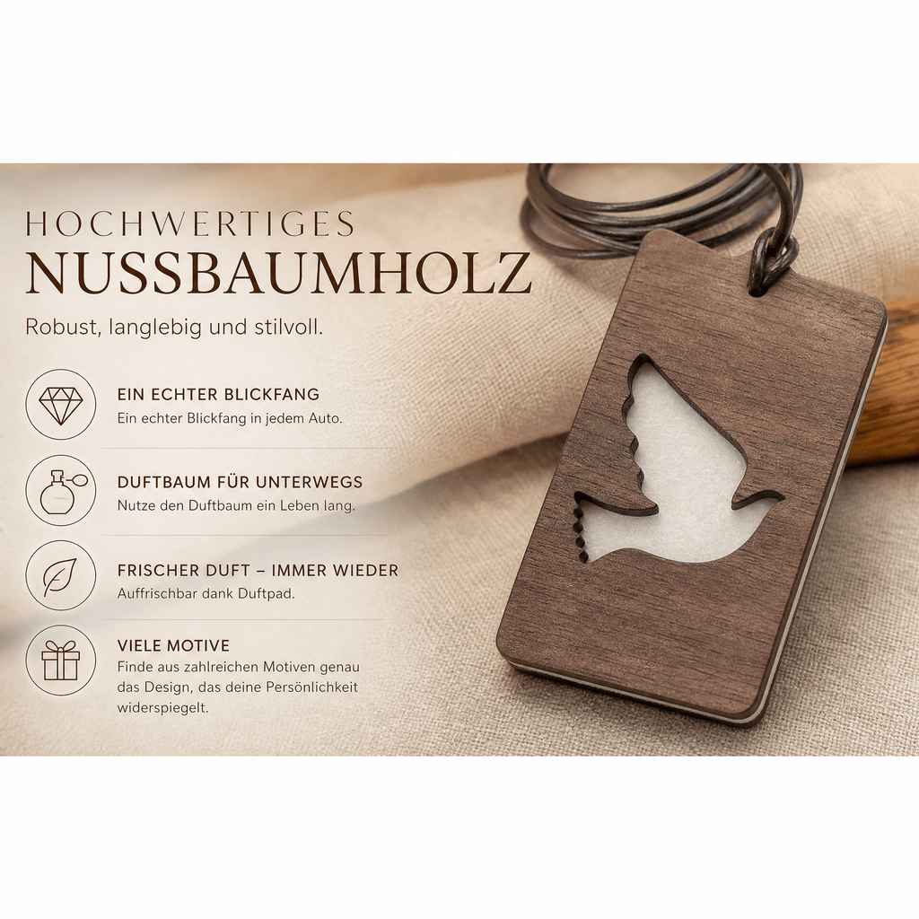 Holz Duftbaum für ätherische Öle "TAUBE", Anhänger aus Nussbaumholz mit Filzpad für ätherische Öle - Wunderkraft naturals