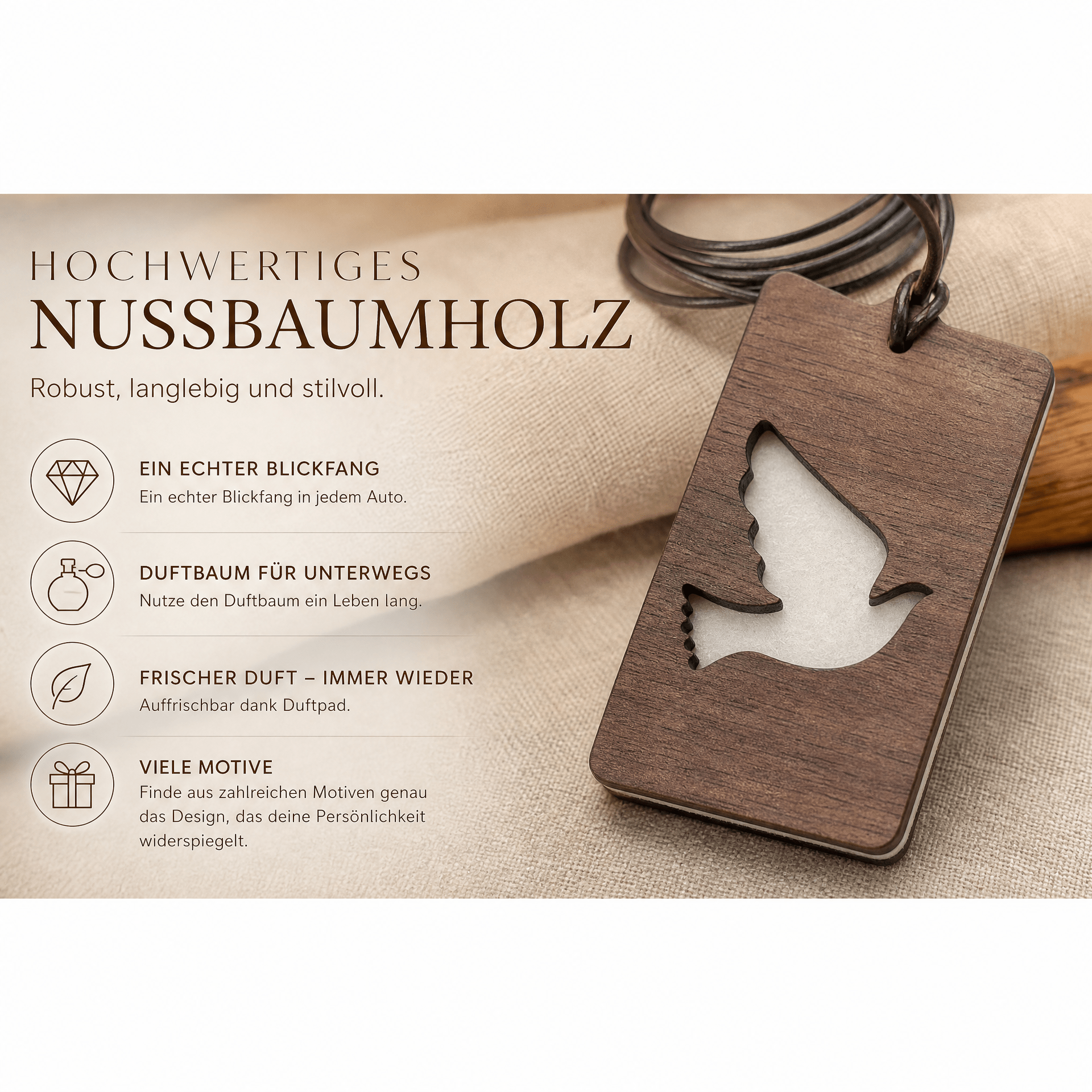 Holz Duftbaum für ätherische Öle "TAUBE", Anhänger aus Nussbaumholz mit Filzpad für ätherische Öle - Wunderkraft naturals