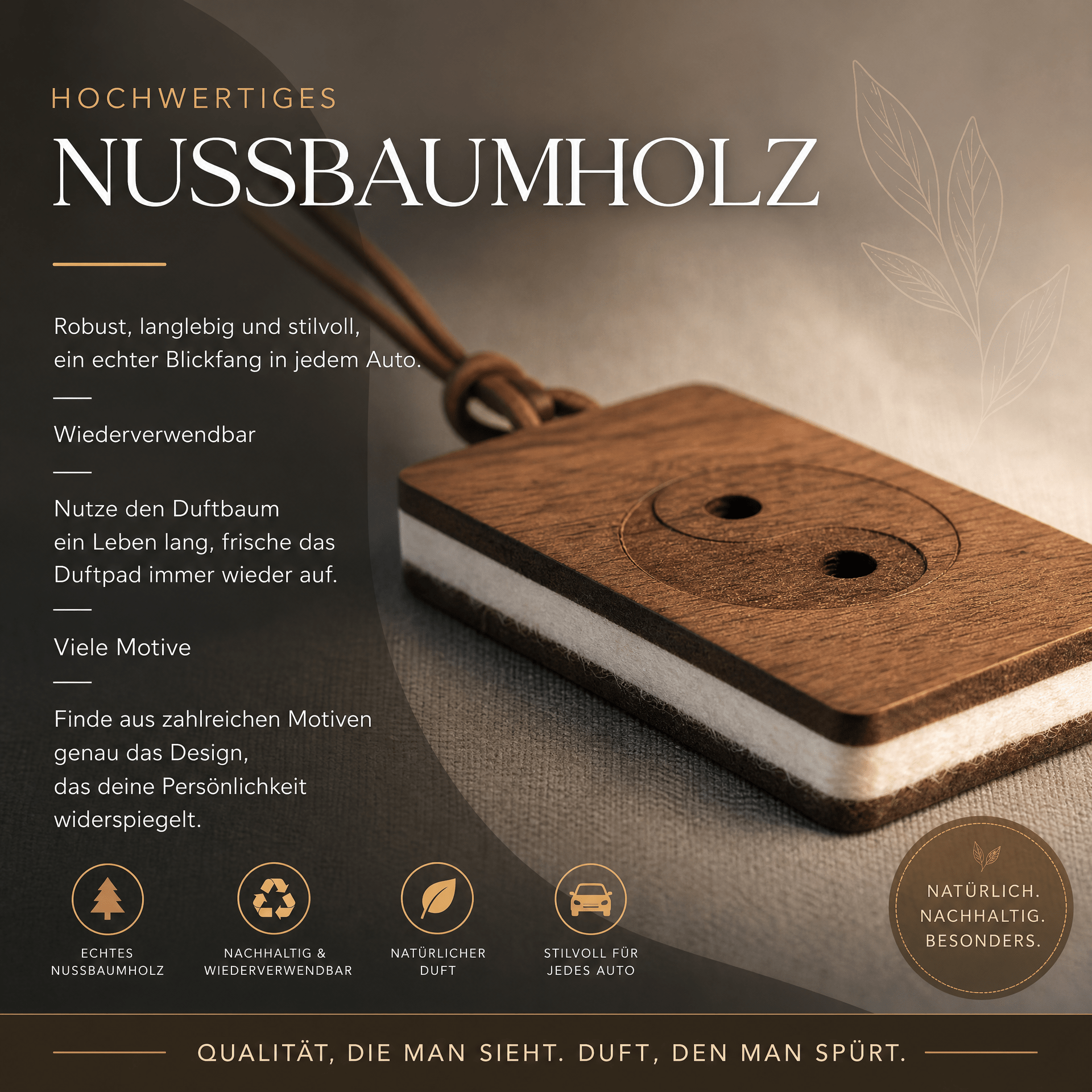 Holz Duftbaum für ätherische Öle "YINYANG", Anhänger aus Nussbaumholz mit Filzpad für Duftöle - Wunderkraft naturals