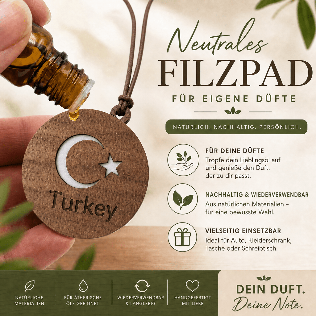 Holz Duftbaum mit türkischer Flagge – Natürlicher Auto Lufterfrischer zum Nachbeduften - Wk-naturals Wunderkraft Öle