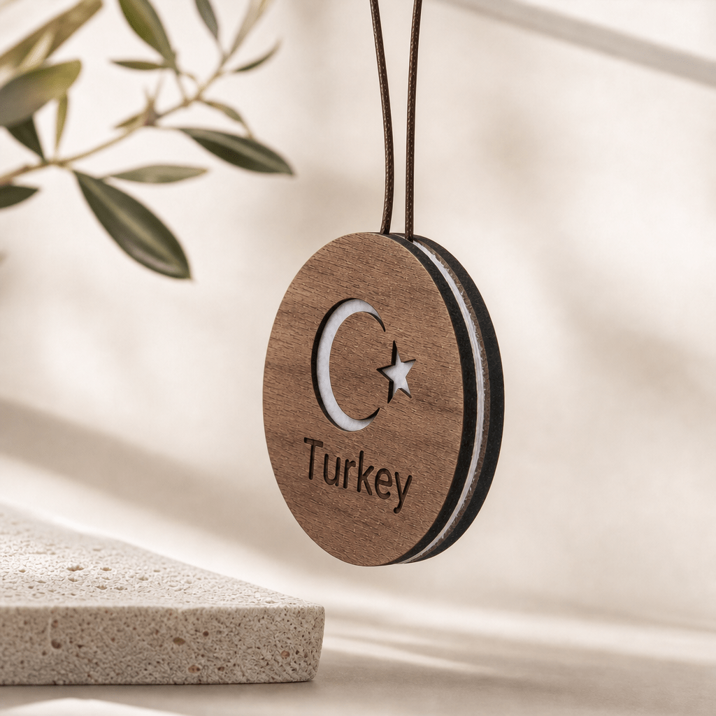 Holz Duftbaum mit türkischer Flagge – Natürlicher Auto Lufterfrischer zum Nachbeduften - Wk-naturals Wunderkraft Öle