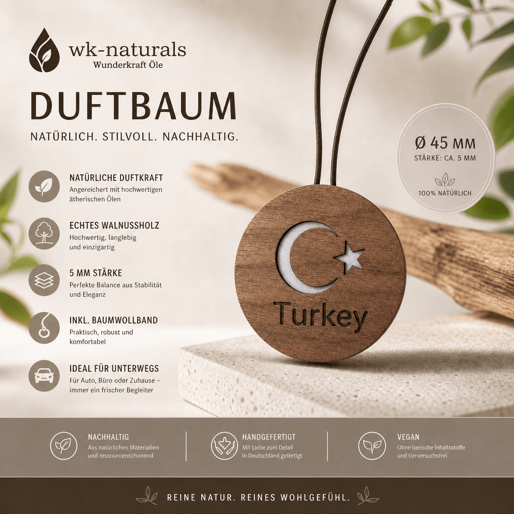 Holz Duftbaum mit türkischer Flagge – Natürlicher Auto Lufterfrischer zum Nachbeduften - Wk-naturals Wunderkraft Öle
