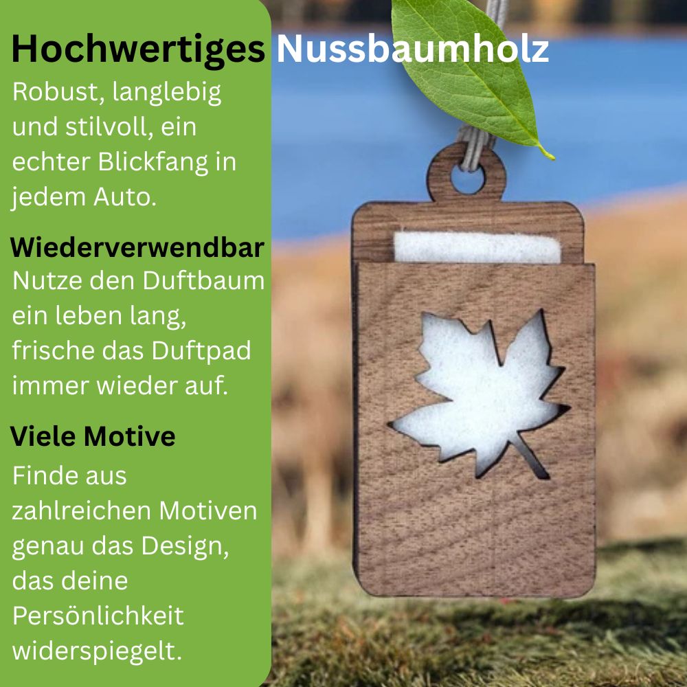 Holz Lufterfrischer "AHORNBLATT", Duftbaum aus Nussbaumholz mit Filzpad fürs Auto - Wunderkraft.bio von Wunderlampe.bio