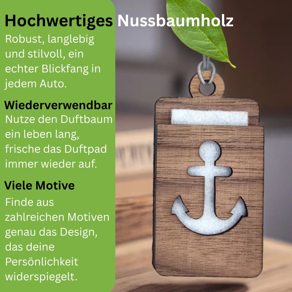 Holz Lufterfrischer "ANKER", Duftbaum aus Nussbaumholz mit Filzpad fürs Auto - Wunderkraft.bio von Wunderlampe.bio