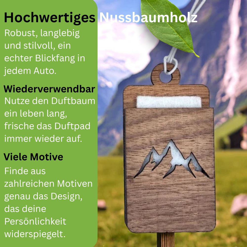 Holz Lufterfrischer "BERGE", Duftbaum aus Nussbaumholz mit Filzpad fürs Auto - Wunderkraft.bio von Wunderlampe.bio