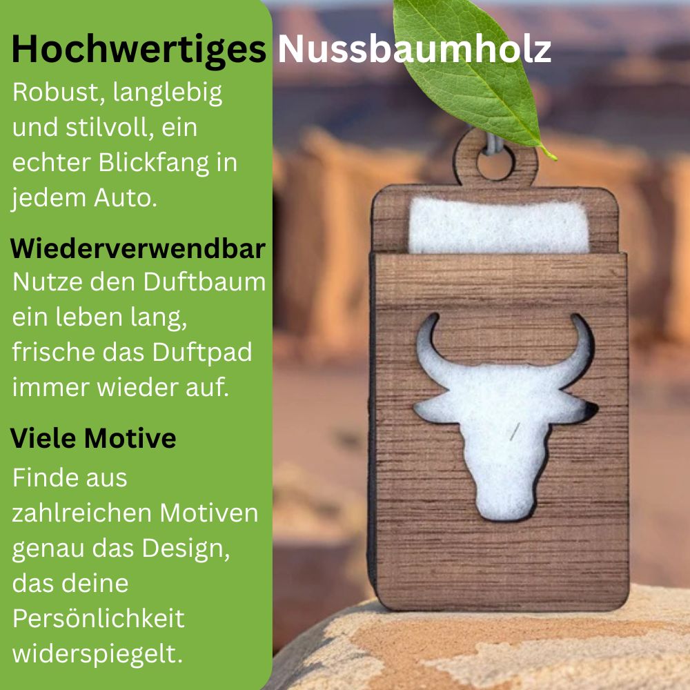 Holz Lufterfrischer "BULLE", Duftbaum aus Nussbaumholz mit Filzpad fürs Auto - Wunderkraft.bio von Wunderlampe.bio
