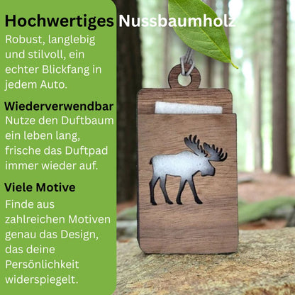 Holz Lufterfrischer "HIRSCH", Duftbaum aus Nussbaumholz mit Filzpad fürs Auto - Wunderkraft.bio von Wunderlampe.bio