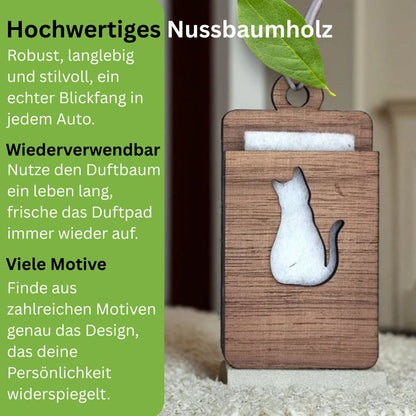 Holz Lufterfrischer "KATZE", Duftbaum aus Nussbaumholz mit Filzpad fürs Auto - Wunderkraft.bio von Wunderlampe.bio