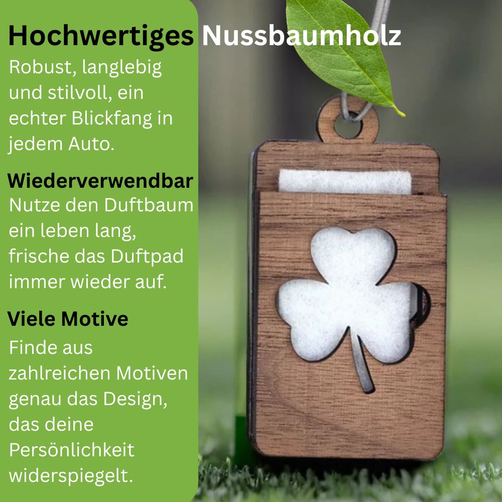 Holz Lufterfrischer "KLEEBLATT", Duftbaum aus Nussbaumholz mit Filzpad fürs Auto - Wunderkraft.bio von Wunderlampe.bio