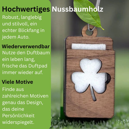 Holz Lufterfrischer "KLEEBLATT", Duftbaum aus Nussbaumholz mit Filzpad fürs Auto - Wunderkraft.bio von Wunderlampe.bio
