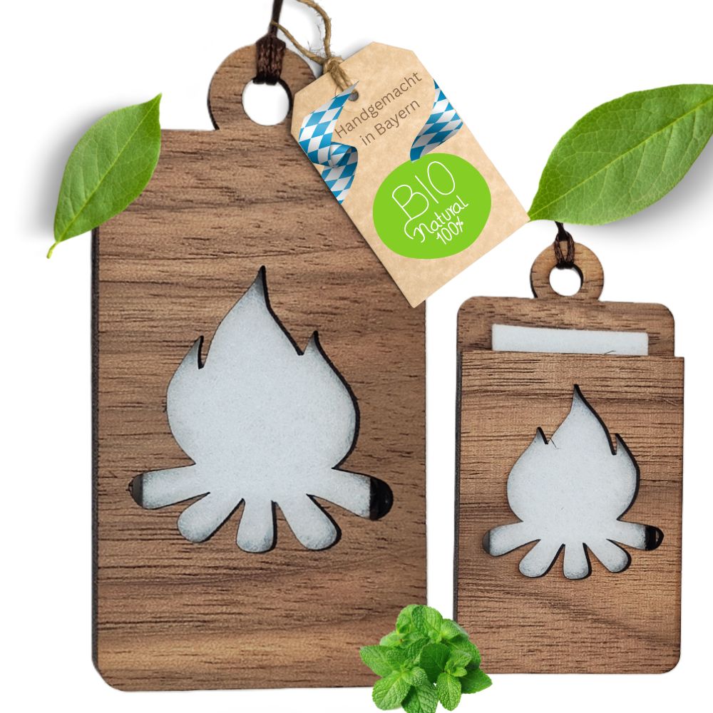 Holz Lufterfrischer "LAGERFEUER", Duftbaum aus Nussbaumholz mit Filzpad fürs Auto - Wunderkraft.bio von Wunderlampe.bio