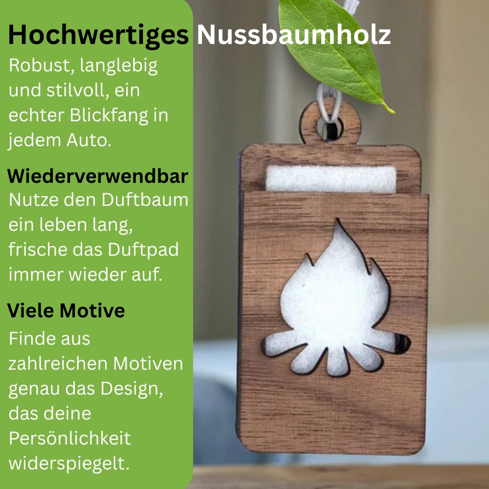 Holz Lufterfrischer "LAGERFEUER", Duftbaum aus Nussbaumholz mit Filzpad fürs Auto - Wunderkraft.bio von Wunderlampe.bio