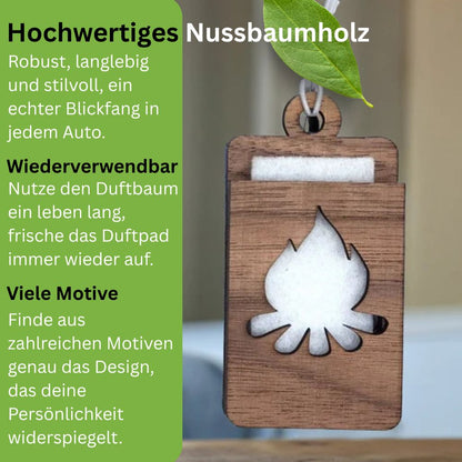 Holz Lufterfrischer "LAGERFEUER", Duftbaum aus Nussbaumholz mit Filzpad fürs Auto - Wunderkraft.bio von Wunderlampe.bio