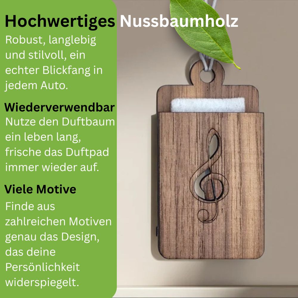 Holz Lufterfrischer "NOTENSCHLÜßEL", Duftbaum aus Nussbaumholz mit Filzpad fürs Auto - Wunderkraft.bio von Wunderlampe.bio