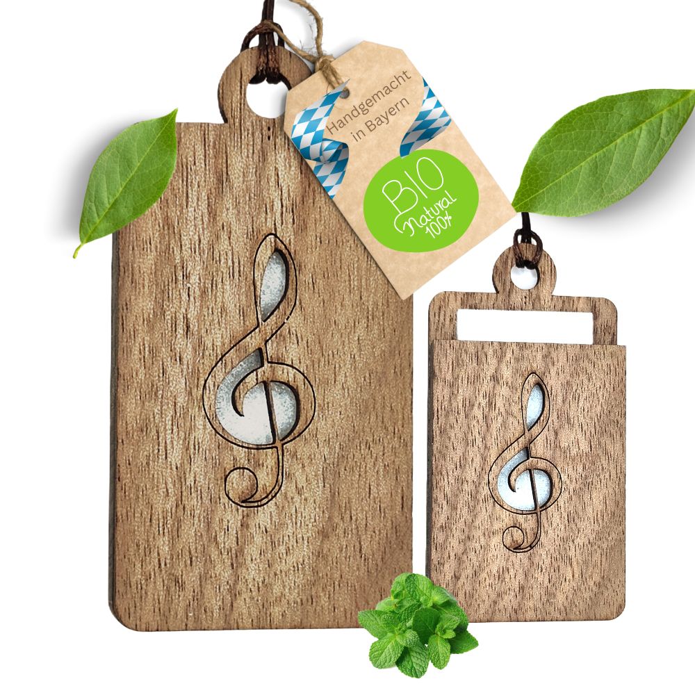 Holz Lufterfrischer "NOTENSCHLÜßEL", Duftbaum aus Nussbaumholz mit Filzpad fürs Auto - Wunderkraft.bio von Wunderlampe.bio