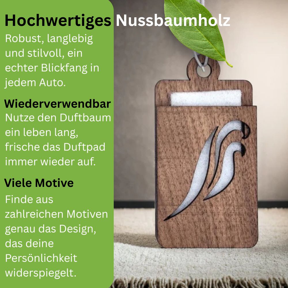Holz Lufterfrischer "ORNAMENT", Duftbaum aus Nussbaumholz mit Filzpad fürs Auto - Wunderkraft.bio von Wunderlampe.bio