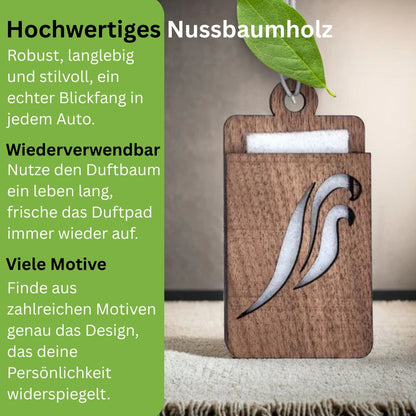 Holz Lufterfrischer "ORNAMENT", Duftbaum aus Nussbaumholz mit Filzpad fürs Auto - Wunderkraft.bio von Wunderlampe.bio