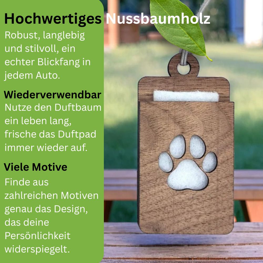 Holz Lufterfrischer "PFOTE", Duftbaum aus Nussbaumholz mit Filzpad fürs Auto - Wunderkraft.bio von Wunderlampe.bio