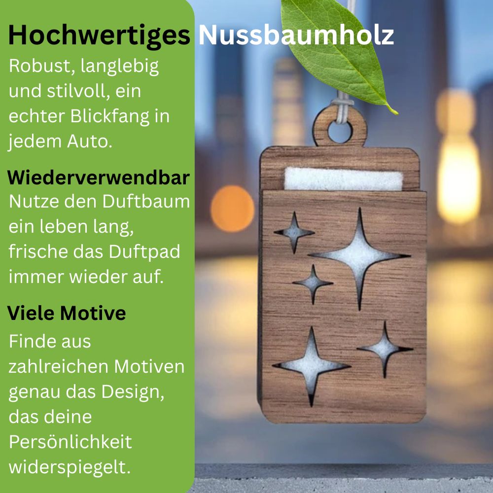 Holz Lufterfrischer "STERNE", Duftbaum aus Nussbaumholz mit Filzpad fürs Auto - Wunderkraft.bio von Wunderlampe.bio