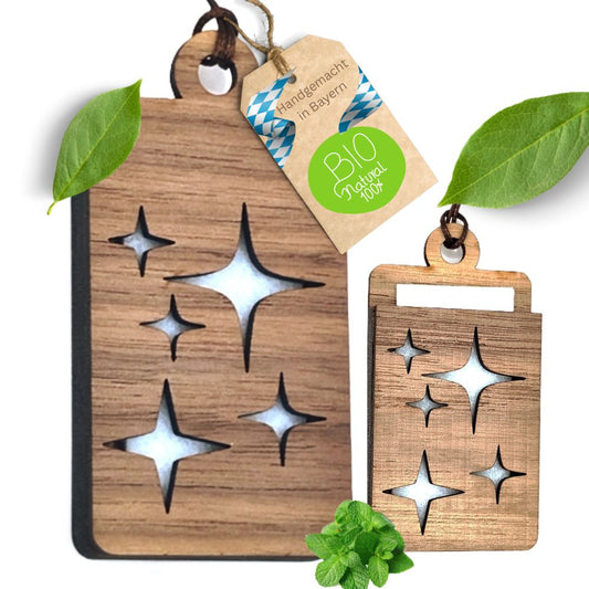 Holz Lufterfrischer "STERNE", Duftbaum aus Nussbaumholz mit Filzpad fürs Auto - Wunderkraft.bio von Wunderlampe.bio