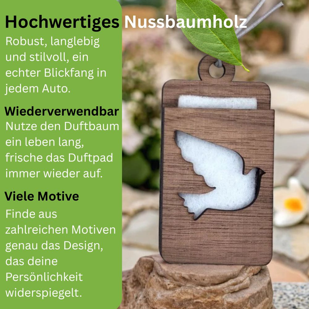 Holz Lufterfrischer "TAUBE", Duftbaum aus Nussbaumholz mit Filzpad fürs Auto - Wunderkraft.bio von Wunderlampe.bio