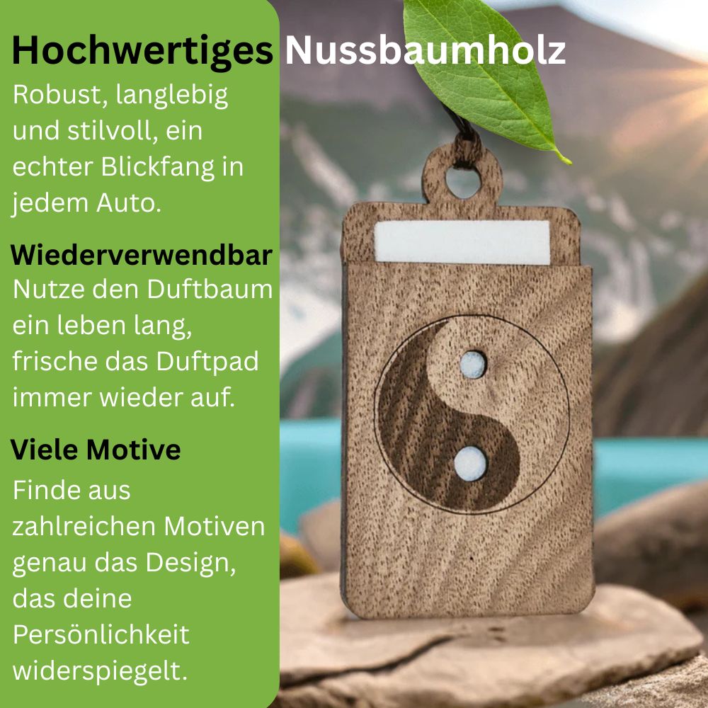 Holz Lufterfrischer "YINYANG", Duftbaum aus Nussbaumholz mit Filzpad fürs Auto - Wunderkraft.bio von Wunderlampe.bio