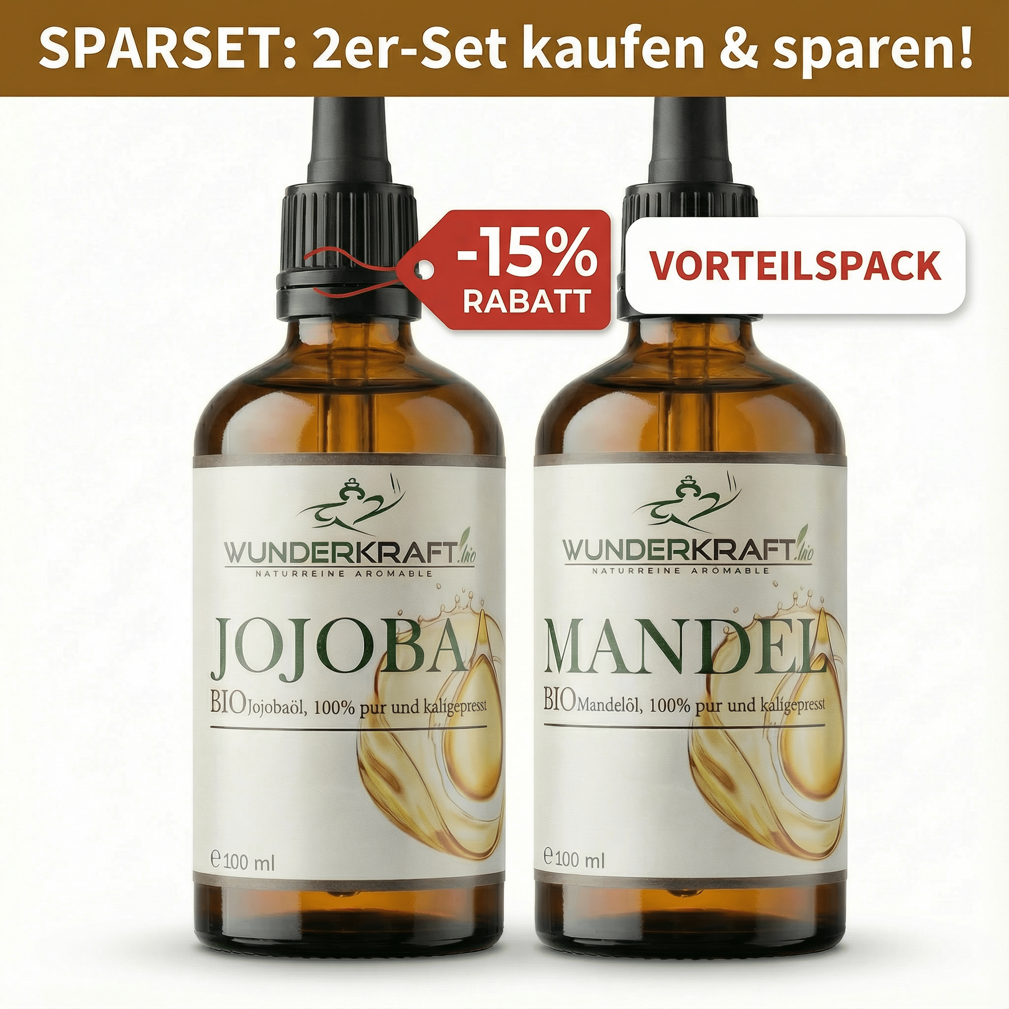 Im SET BIO Jojobaöl & bio Mandelöl, naturrein, je 100ml, als Basisöl oder zur Massage - Wunderkraft naturals