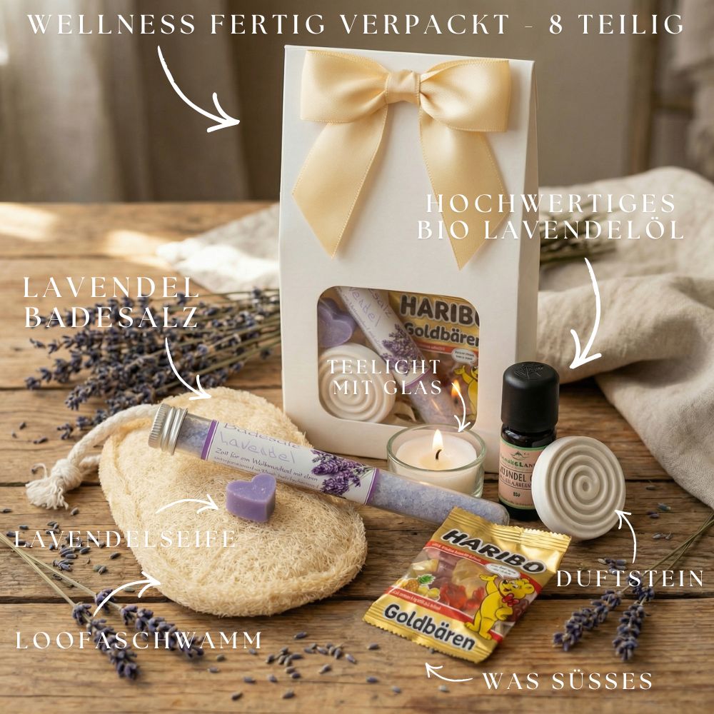 Lavendel Wellness Geschenkset für Frauen – Lavendel Spa Set mit Badesalz, Seife, Bio Lavendelöl, Duftstein, fertig verpacktes Geschenkset Frauen - Wunderkraft naturals