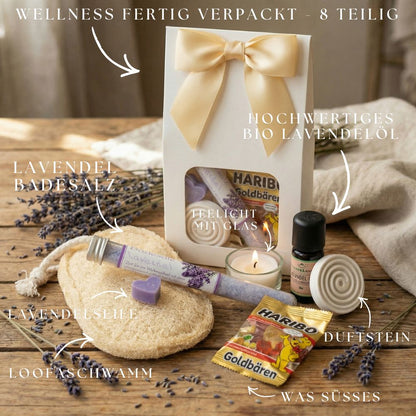 Lavendel Wellness Geschenkset für Frauen – Lavendel Spa Set mit Badesalz, Seife, Bio Lavendelöl, Duftstein, fertig verpacktes Geschenkset Frauen - Wunderkraft naturals