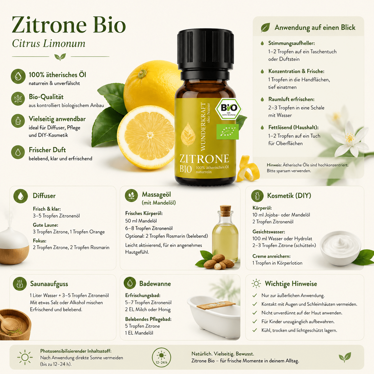 Morgenfrische "ZITRONENÖL BIO" 🧼 Reinigung & Hygiene - ⚡Energie & Fokus - 🌿 Haut & Pflege - Wunderkraft naturals