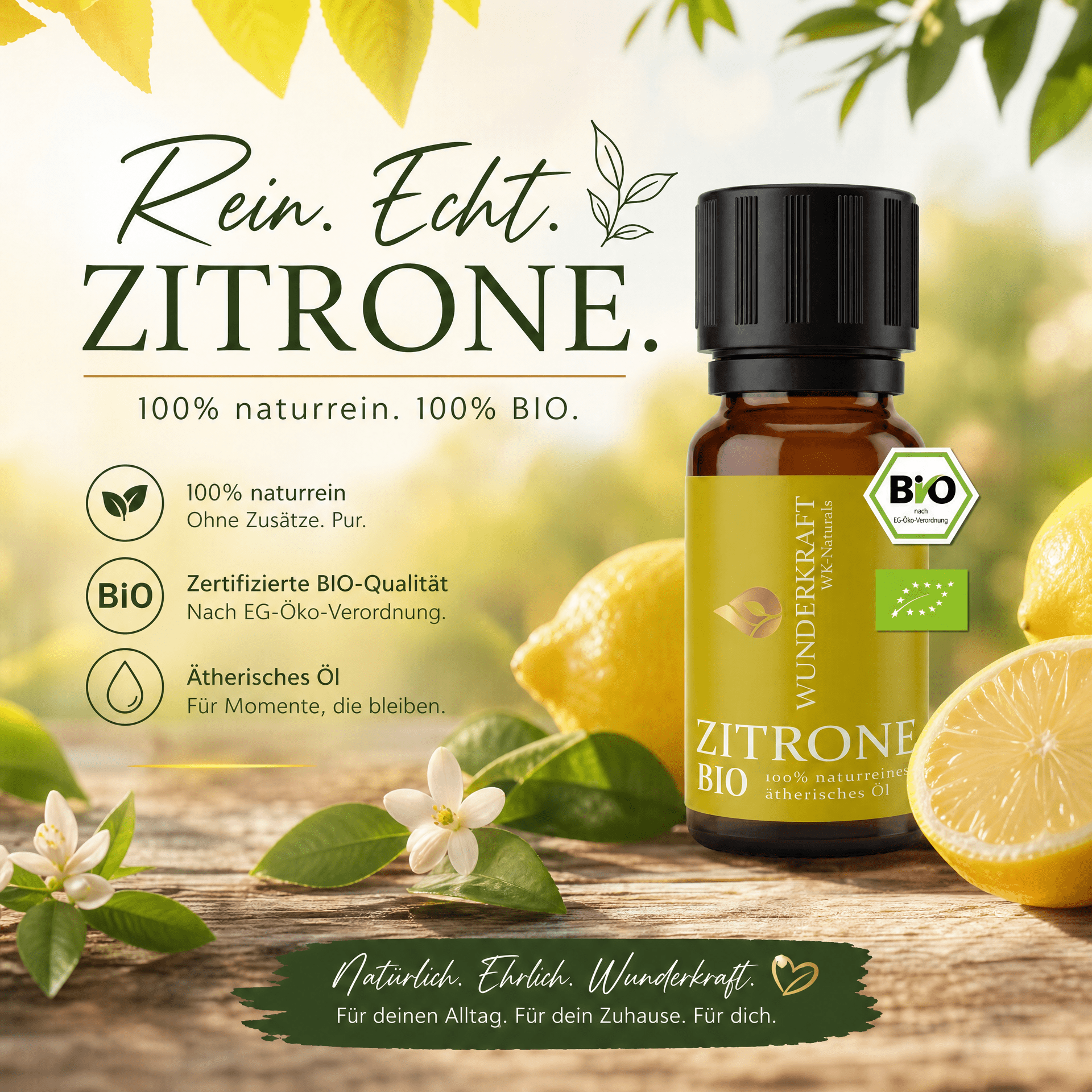 Morgenfrische "ZITRONENÖL BIO" 🧼 Reinigung & Hygiene - ⚡Energie & Fokus - 🌿 Haut & Pflege - Wunderkraft naturals
