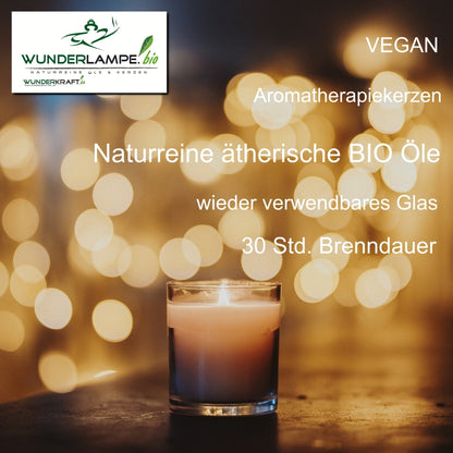 Natürliche bio Latschenkiefernöl Duftkerze im Glas mit Bambusdeckel. Reines Sojawachs mit 100% naturreinen BIO Latschenkiefernöl - Wunderkraft.bio