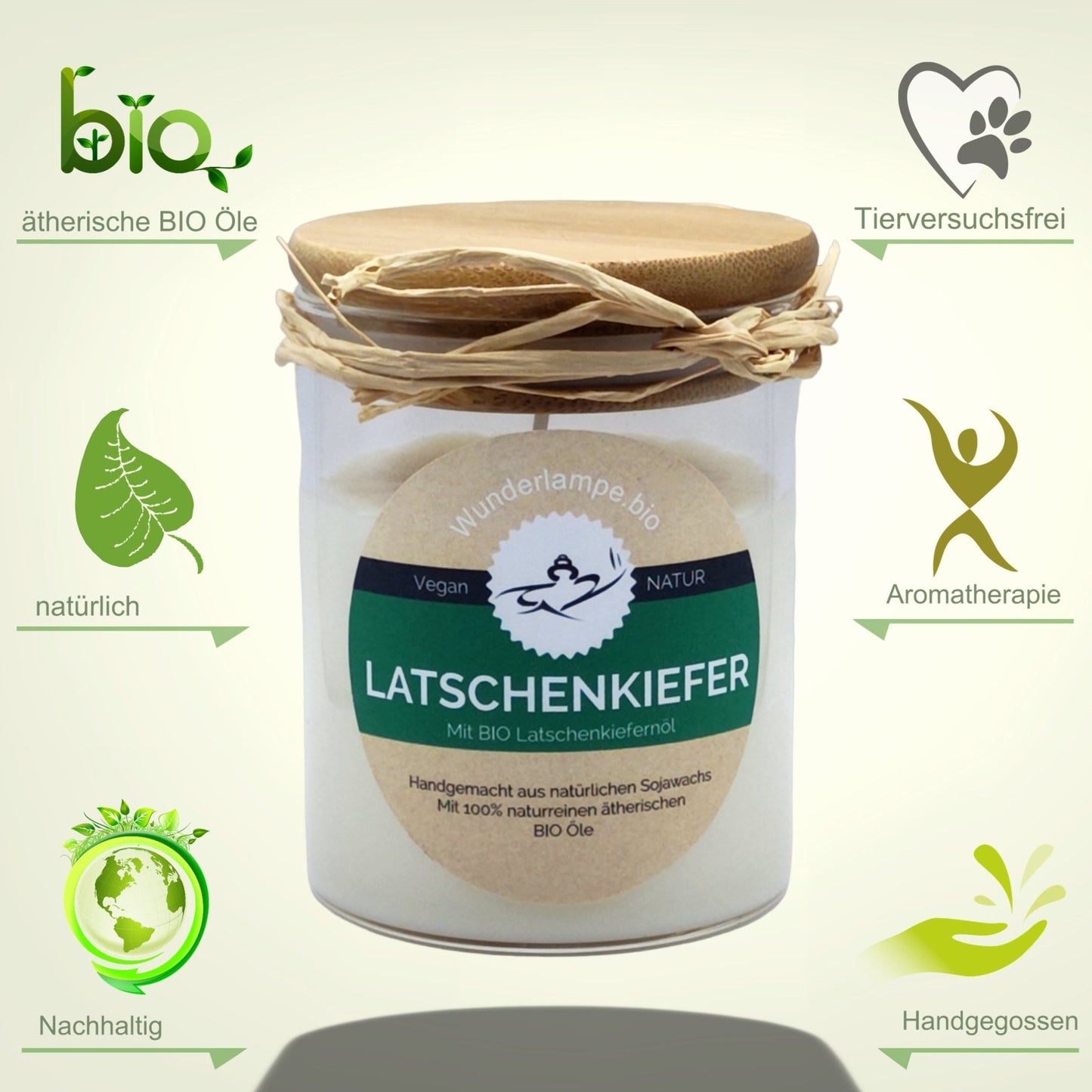 Natürliche bio Latschenkiefernöl Duftkerze im Glas mit Bambusdeckel. Reines Sojawachs mit 100% naturreinen BIO Latschenkiefernöl - Wunderkraft.bio