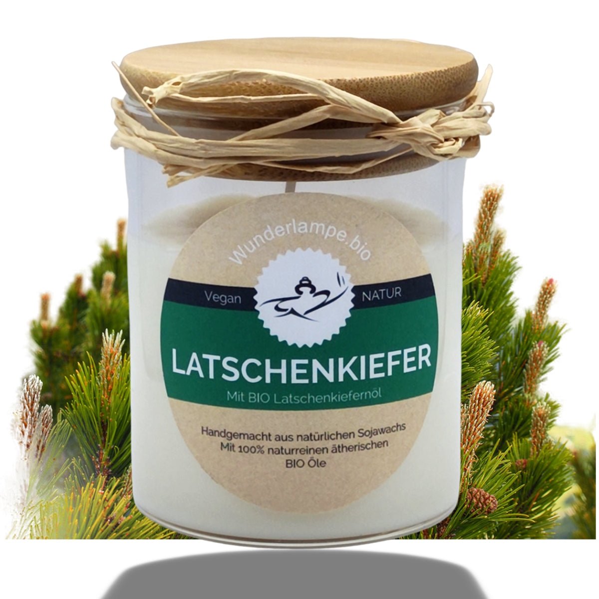 Natürliche bio Latschenkiefernöl Duftkerze im Glas mit Bambusdeckel. Reines Sojawachs mit 100% naturreinen BIO Latschenkiefernöl - Wunderkraft.bio