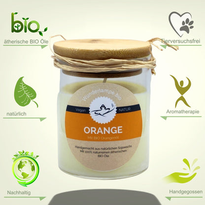 Natürliche bio Orangenöl Duftkerze im Glas mit Bambusdeckel. Reines Sojawachs mit 100% naturreinen BIO Orangenöl - Wunderkraft.bio