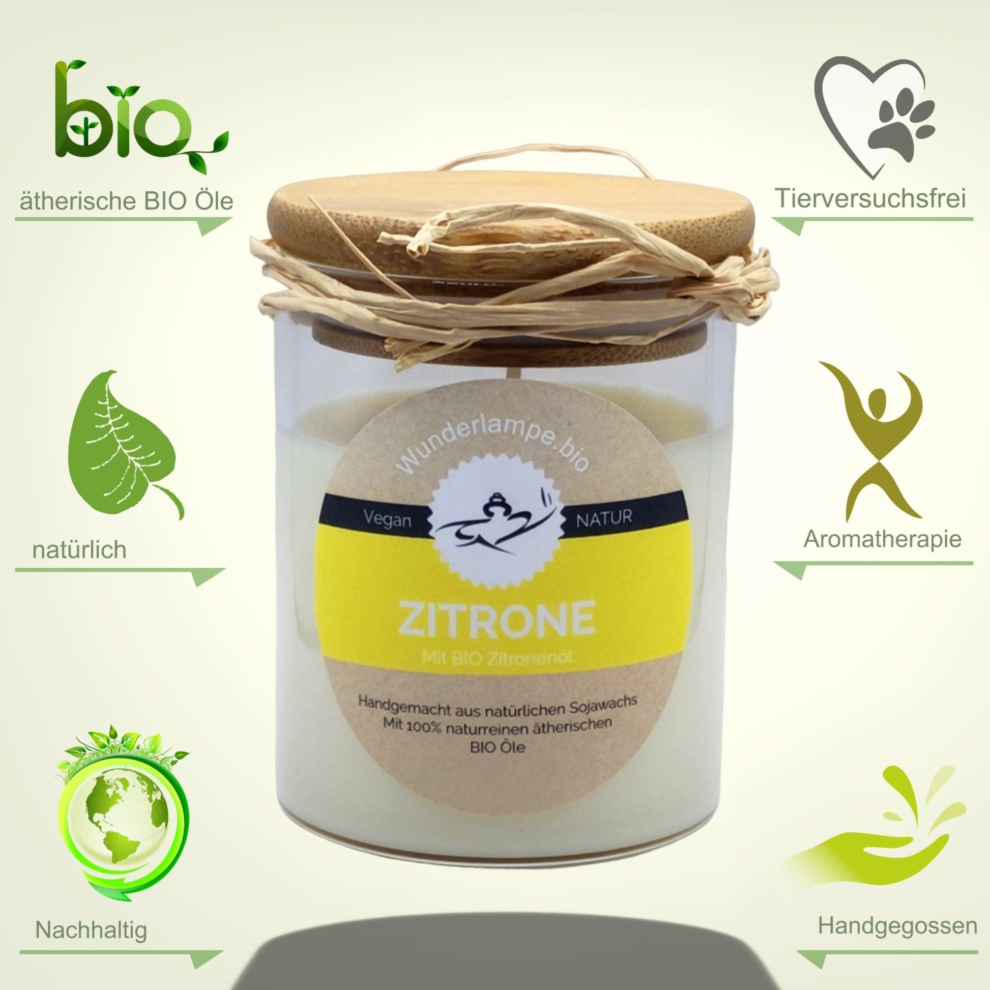 Natürliche bio Zitronenöl Duftkerze im Glas mit Bambusdeckel. Reines Sojawachs mit 100% naturreinen BIO Zitronenöl - Wunderkraft.bio