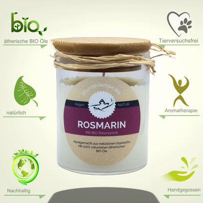 Natürliche Rosmarin Duftkerze im Glas mit Bambusdeckel. Reines Sojawachs mit 100% naturreinen BIO Rosmarinöl - Wunderkraft.bio