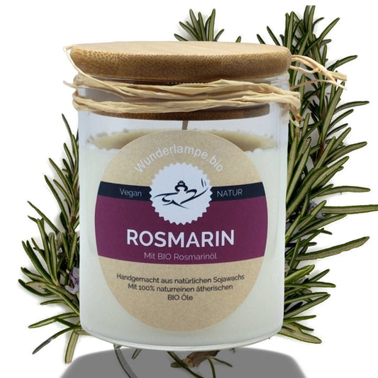 Natürliche Rosmarin Duftkerze im Glas mit Bambusdeckel. Reines Sojawachs mit 100% naturreinen BIO Rosmarinöl - Wunderkraft.bio