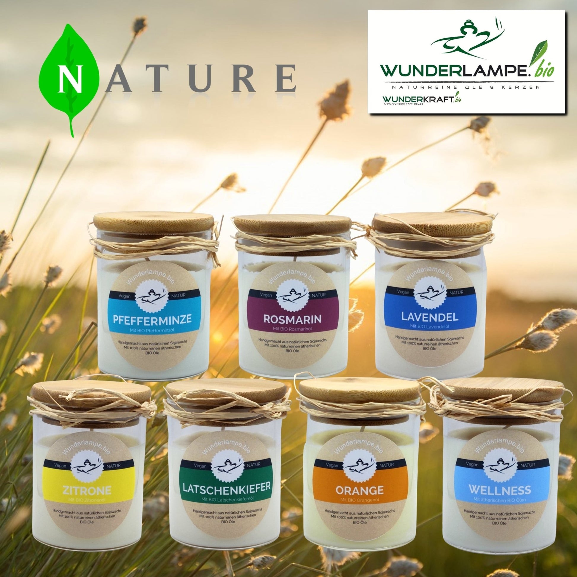 Natürliche Wellness - Duftkerze im Glas mit Bambusdeckel. Reines Sojawachs mit 100% naturreinen Pfefferminz, Latschenkiefer und Lavendelöl - Wunderkraft.bio