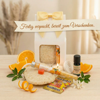 Orangen Wellness Geschenkset für Frauen – Orangen Spa Set mit Badesalz, Seife, Bio Orangenöl, Duftstein, fertig verpacktes Geschenkset Frauen - Wunderkraft naturals