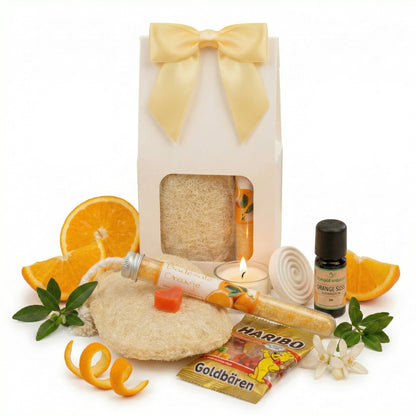 Orangen Wellness Geschenkset für Frauen – Orangen Spa Set mit Badesalz, Seife, Bio Orangenöl, Duftstein, fertig verpacktes Geschenkset Frauen - Wunderkraft naturals