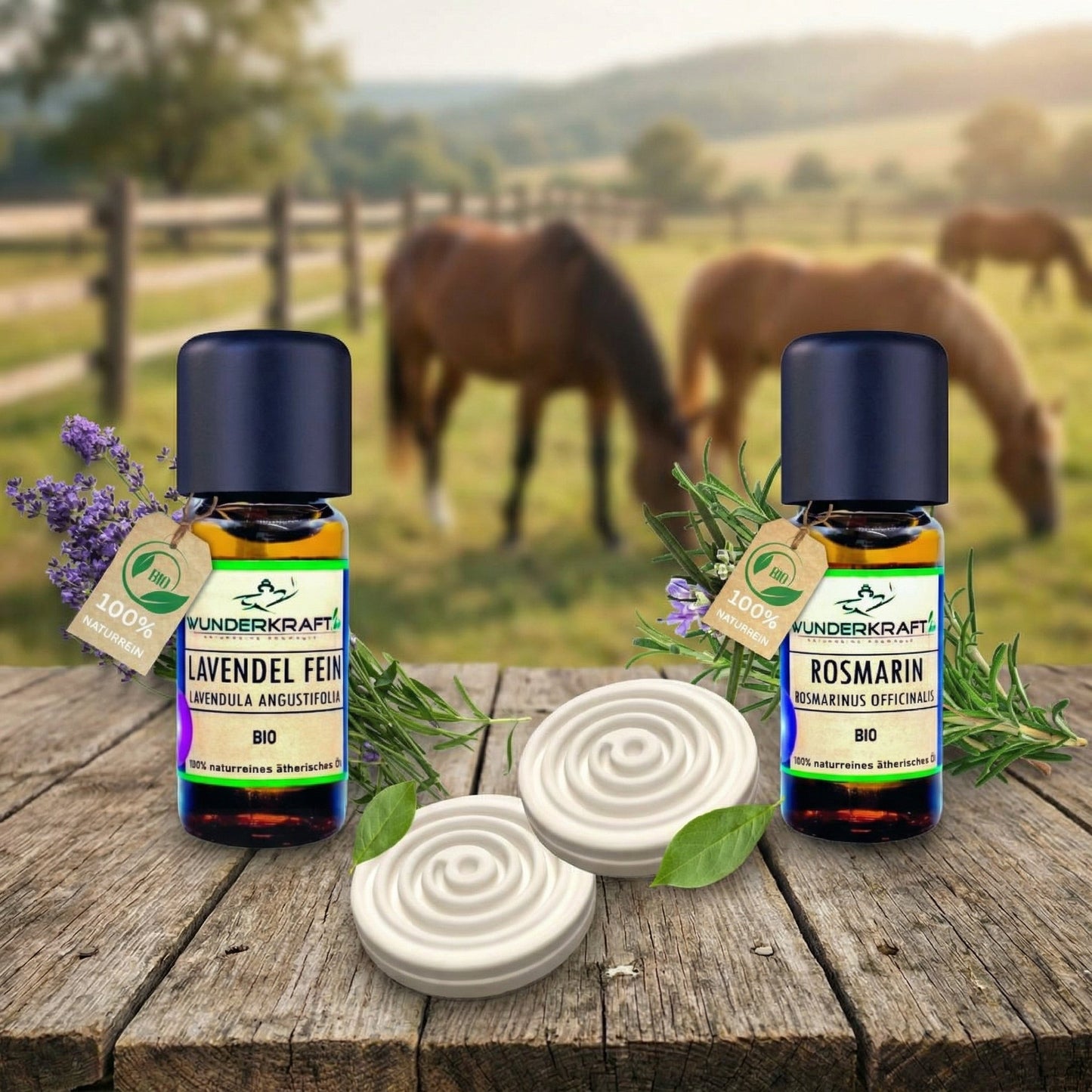 Pferde Aromatherapie Set, ätherisches bio Lavendelöl + bio Rosmarinöl + Duftstein - Wunderkraft naturals