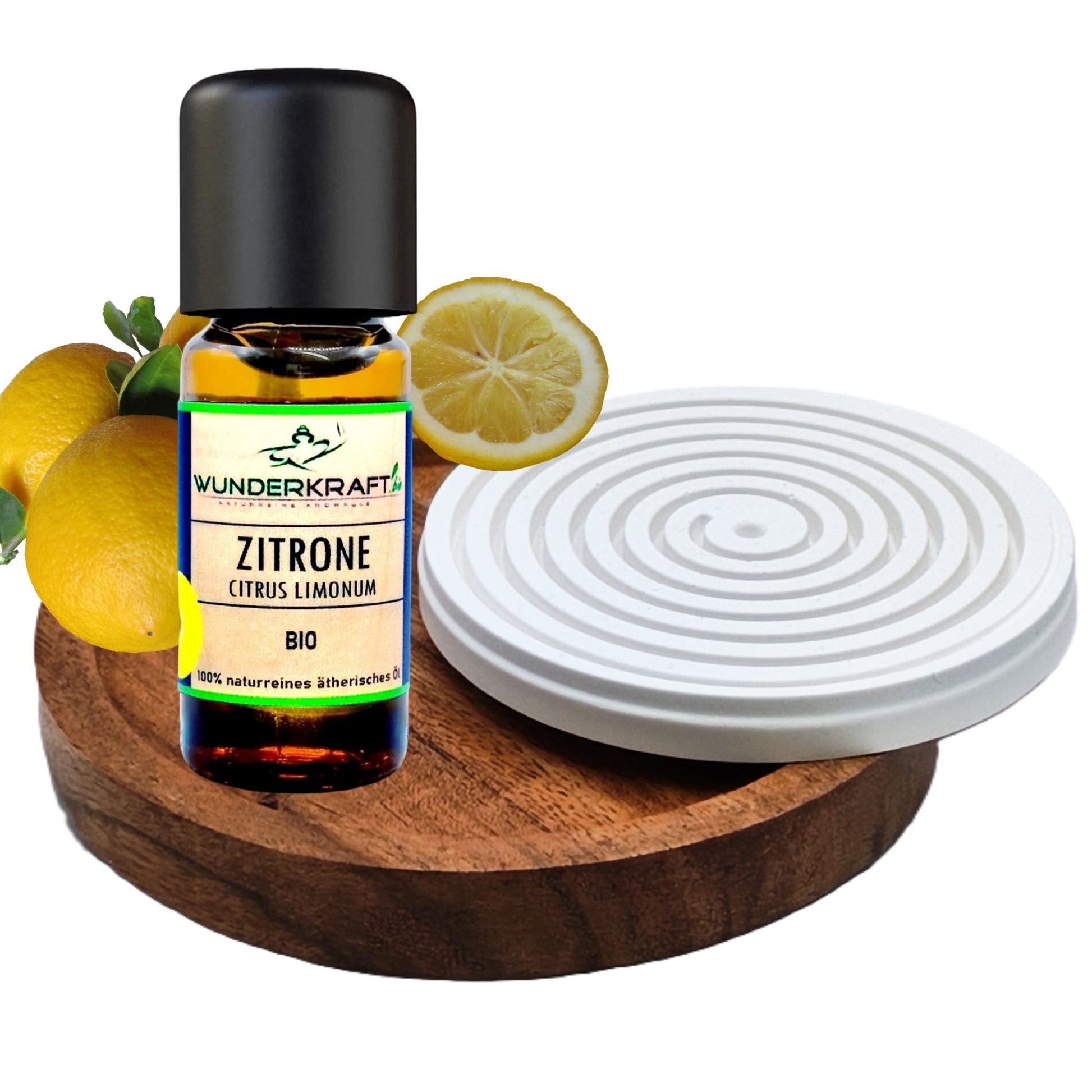 Riesen Duftstein mit Holzteller inkl. BIO Zitronenöl, 100% ätherisches Öl, 10ml - Wunderkraft.bio