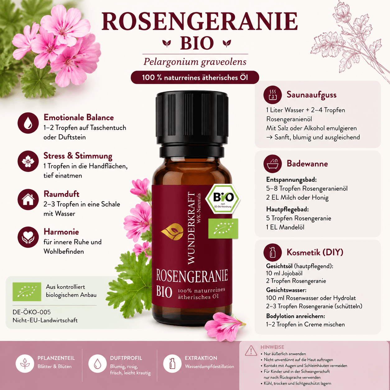 Sanfte Harmonie "ROSENGERANIENÖL BIO" 😴Beruhigung & Schlaf - 🌿 Haut & Pflege - Wunderkraft naturals