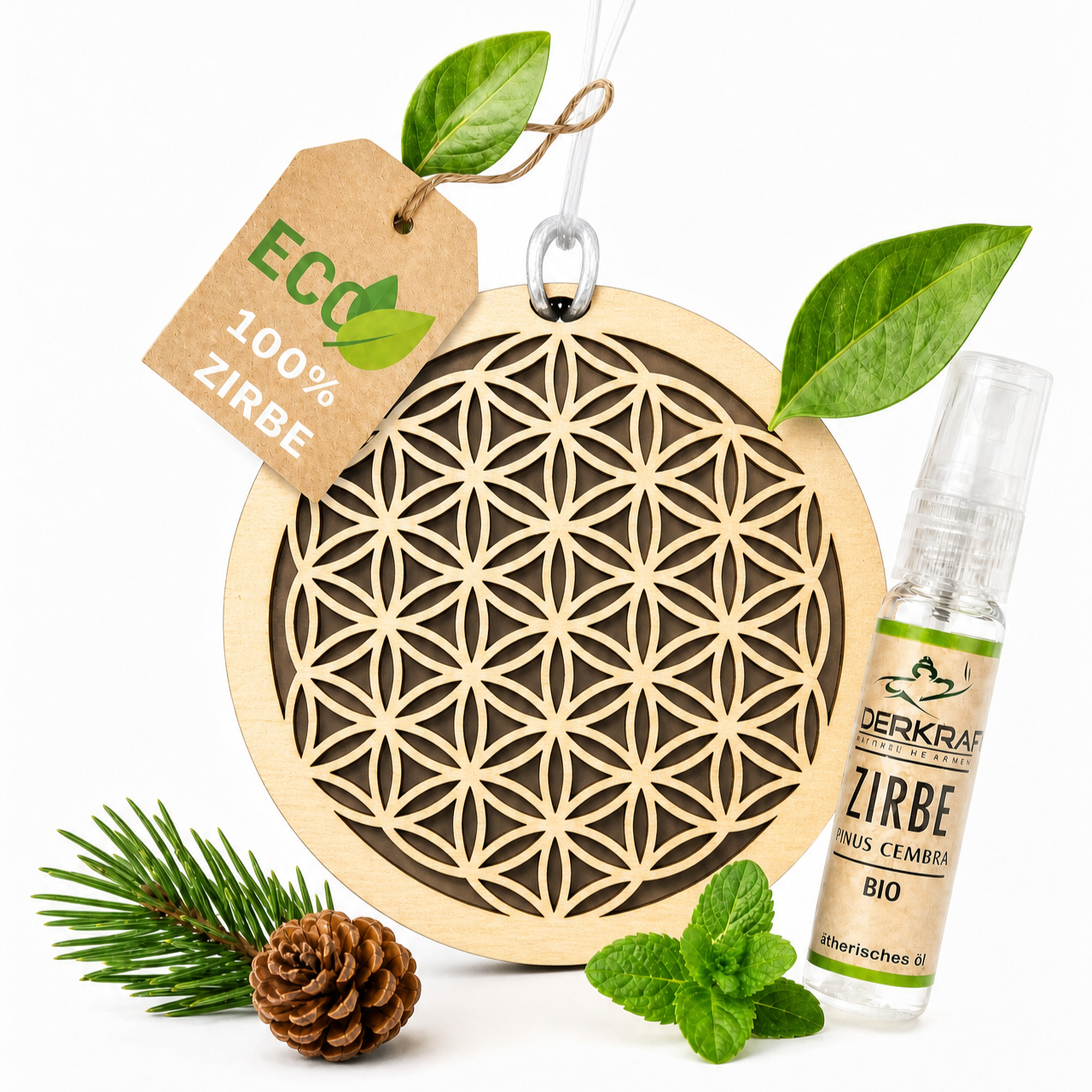 Alpenduft Zirben Duftbaum "Blume des Lebens", Lufterfrischer inkl. 5ml Bio Zirbenspray
