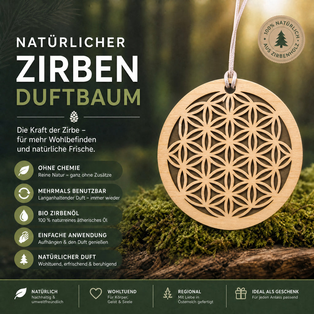 Alpenduft Zirben Duftbaum "Blume des Lebens", Lufterfrischer inkl. 5ml Bio Zirbenspray
