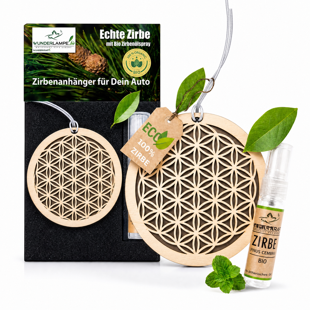 Alpenduft Zirben Duftbaum "Blume des Lebens", Lufterfrischer inkl. 5ml Bio Zirbenspray